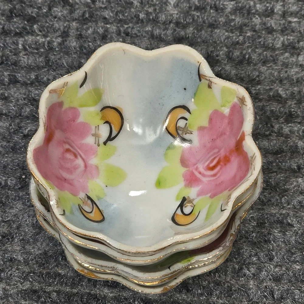 Vintage Japan Porcelain Nut Bowls Salt Cellars White Pink Rose Gold Rim Set of 5